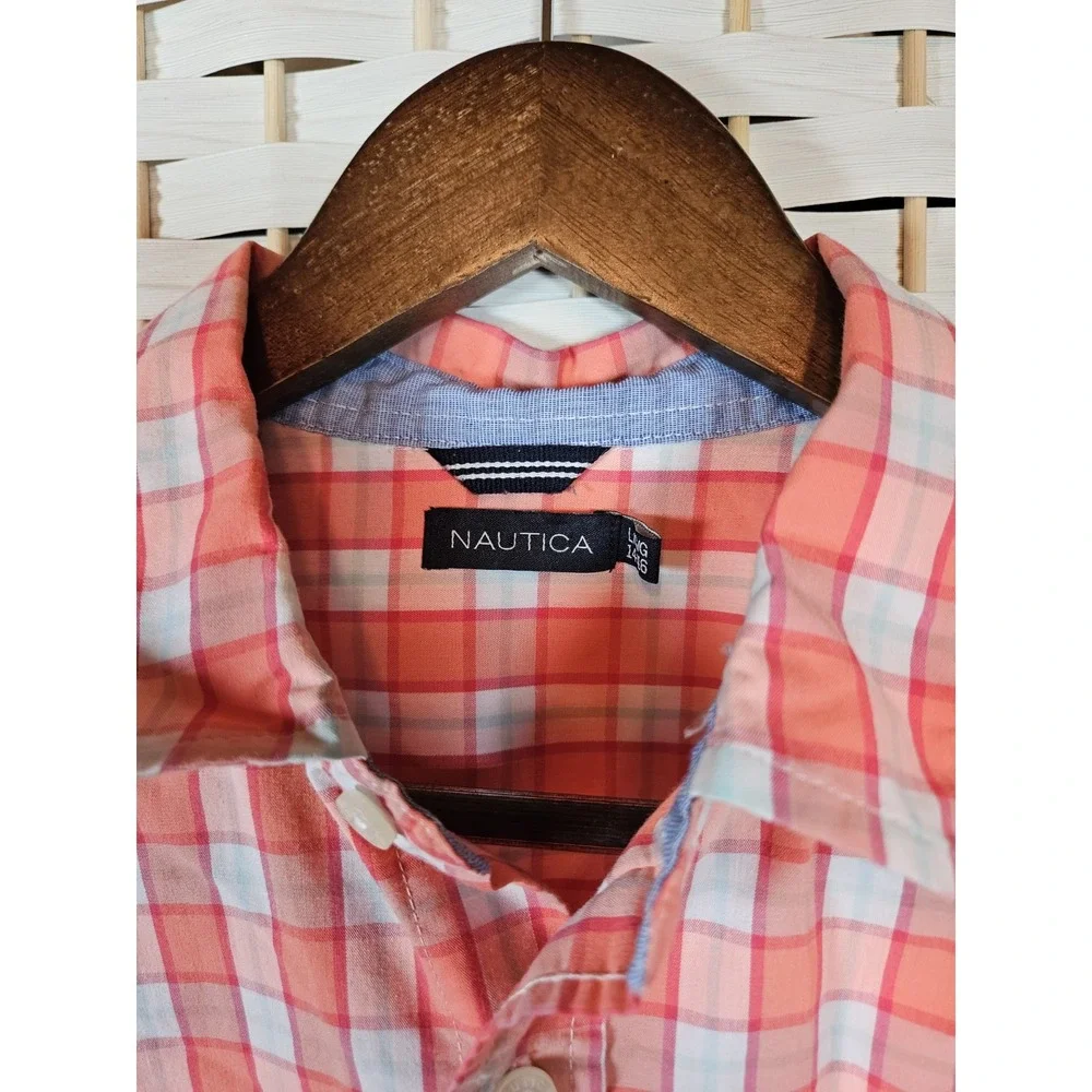 Nautica Boys Short Sleeve Button Up Shirt Orange & White Check L (14-16) Preppy